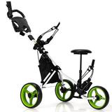 Costway 3 Wheels Folding Golf Push Cart with Seat Scoreboard and Adjustable Handle-Green