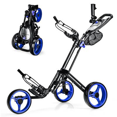 Costway Folding 3 Wheels Golf Push Cart with Brake Scoreboard Adjustable Handle-Blue