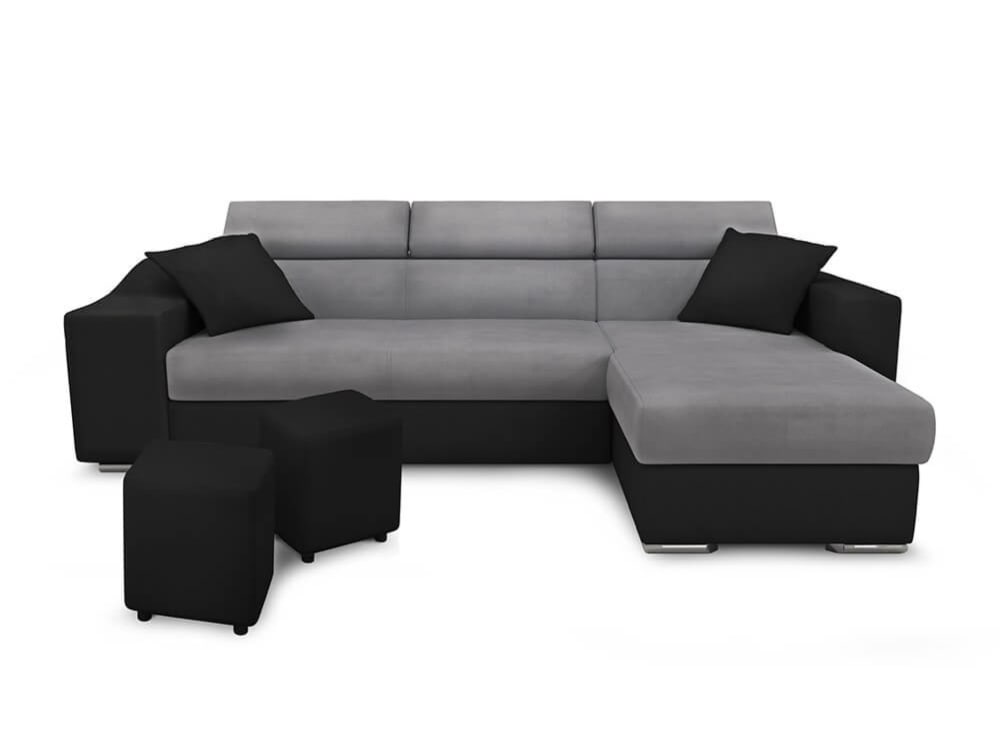 Canapé d'Angle Convertible en Microfibre/Simili avec poufs - Gris/Noir