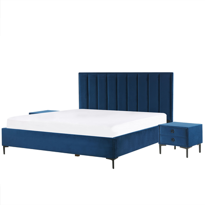 Bett mit 2 Nachttischen Marineblau Samtstoff Gesteppt mit Hohem Kopfteil Bettkasten Lattenrost 180x200cm Hochklappbar Sc