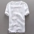 T-shirt à manches courtes en lin pur pour hommes col rond lettres imprimées lin blanc