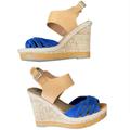 Anthropologie Shoes | Dolce Viata Blue Suede And Tan Leather Cork Wedges | Color: Blue/Cream | Size: 8.5