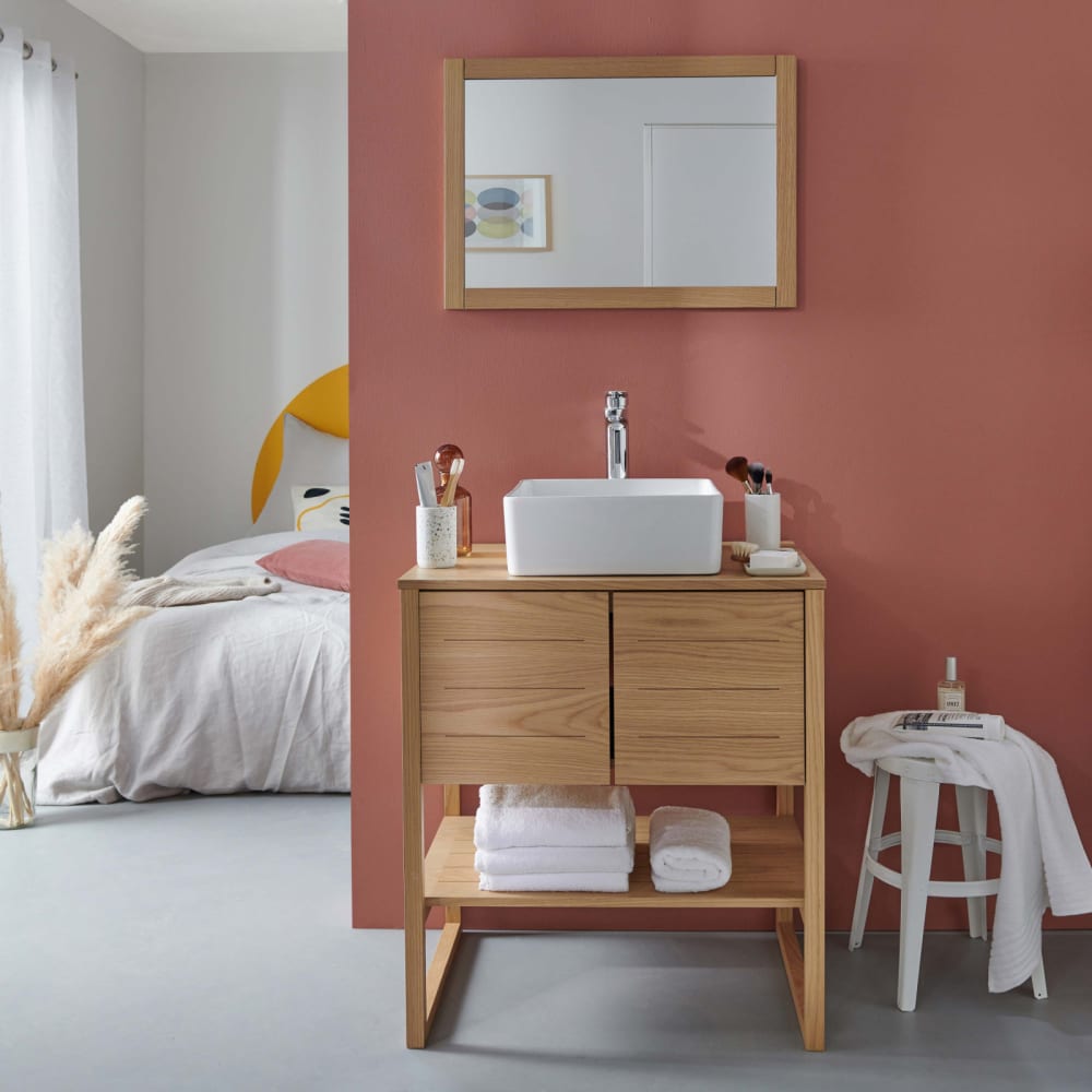 Meuble sous vasque plaqué chêne naturel 70cm + vasque + miroir carré