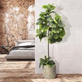 Sand & Stable™ 60" Artificial Fiddle Leaf Fig Tree in Basket Polyester/Wicker/Rattan in Brown/White | 60 H x 22 W x 22 D in | Wayfair