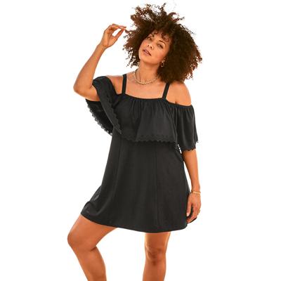 Plus Size Women's Laser-Cut Off-The-Shoulder Swim Dress by Swim 365 in Black (Size 16)