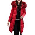 Women Long Cotton Padded Coat Faux Fur Hooded Winter Parka Slim Down Lammy Jacket Ladies Warm Quilted Padded Lightweight Trench Outwear Long Sleeve Tops Cardigan Red