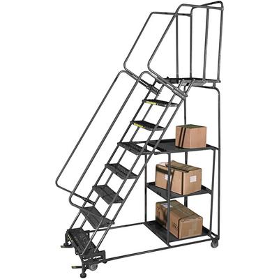 Ballymore SPL-10-14P Perforated 10-Step Gray Steel Rolling Safety Ladder / Stock Picking Cart with 3 Shelves and 24" Wide Steps - 14" Deep Top Step
