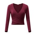 MSBASIC Women’s Long Sleeve Crop Top Deep V Neck Slim Fit Cross Wrap Shirts Crop Tops Shirt Wine Red X-Large
