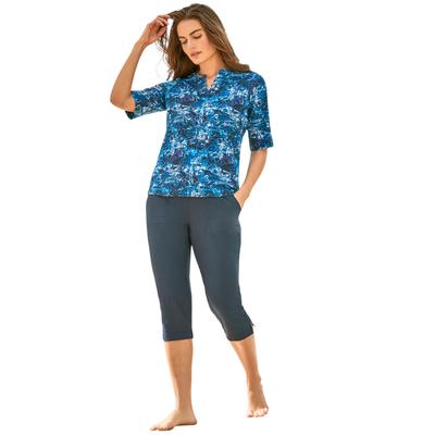 Plus Size Women's Three-Quarter Sleeve Swim Tee by Swim 365 in Blue Medallion (Size 26/28) Rash Guard