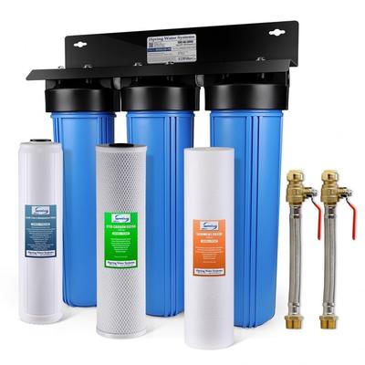 iSpring Lead Iron Chloride Reducing 3-Stage Whole House Water Filter w/ 3/4 inch Push-Fit Braided Stainless Steel Hose