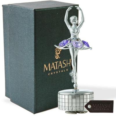 Matashi Chrome Plated Silver Ballet Dancer Wind-Up Music Box Memory Table Top Ornament w/ Purple Crystals