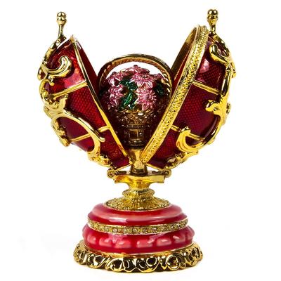 Imperial Faberge Double Ornament Egg / Jewelry Box w/ Basket of Flowers in Red