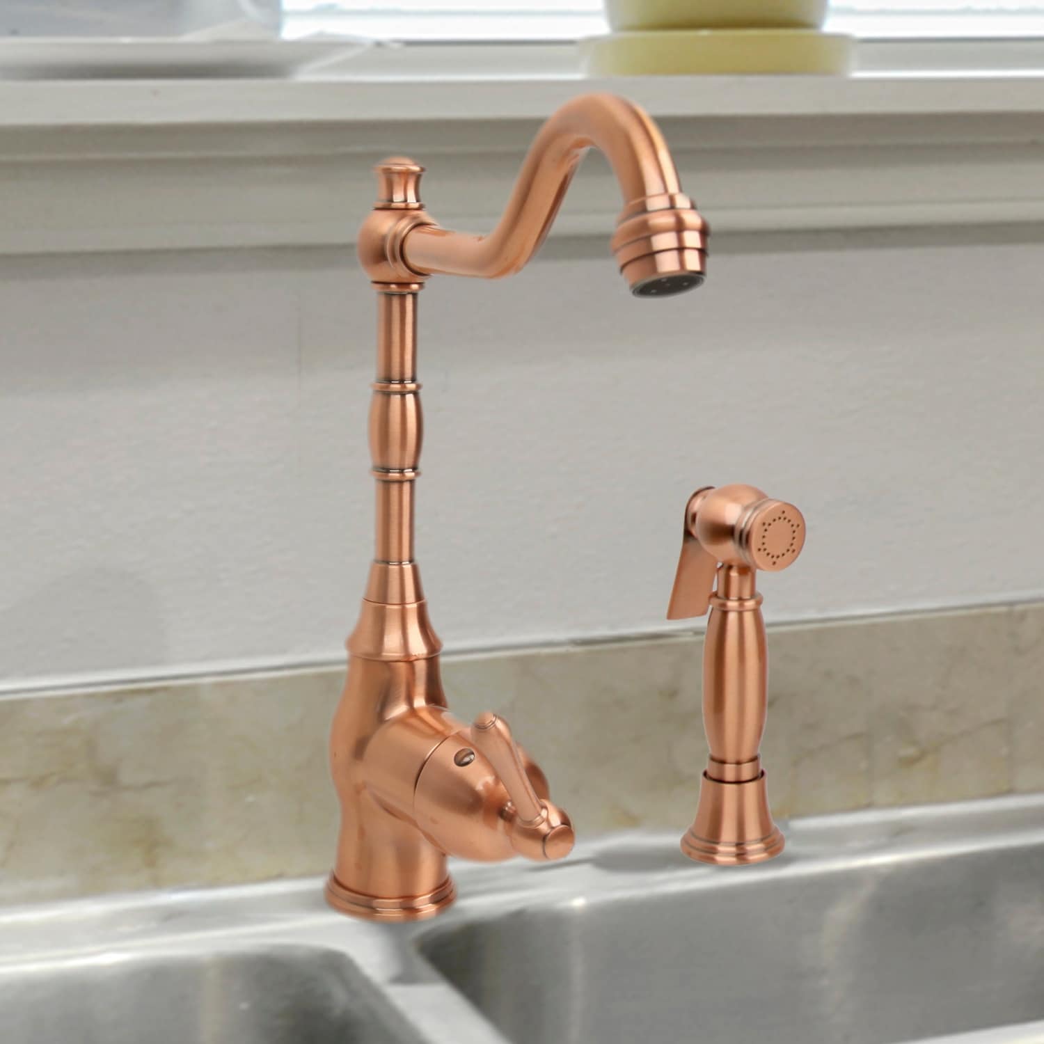 One-Handle Copper Widespread Kitchen Faucet with Side Sprayer