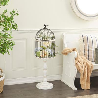 White Wood Indoor Outdoor Birdcage with Latch Lock Closure and Bird Finial