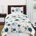 Navy Blue and Pink Watercolor Floral Girl 4pc Twin Comforter Set - Blush Green White Shabby Chic Rose Flower