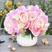 Enova Home Artificial Silk Open Roses and Hydrangea Fake Flowers Arrangement with White Ceramic Vase for Home Office Decoration