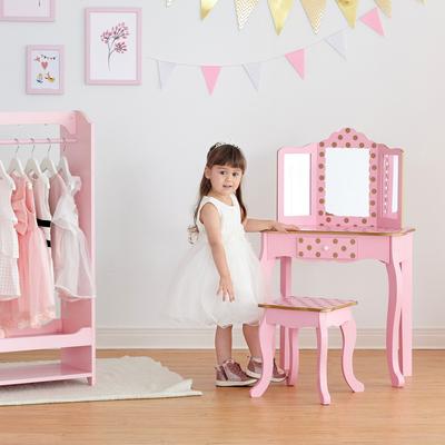 Teamson Kids - Fashion Polka Dot Prints Gisele Play Vanity Set with LED Mirror Light - Pink / Rose Gold