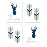 Sweet Jojo Designs Navy Blue Mint Grey Woodland Deer Woodsy Collection Wall Decor Art Prints (Set of 4) - Adventure