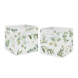 Floral Leaf Collection Foldable Fabric Storage Bins - Green and White Boho Watercolor Botanical Woodland Tropical Garden