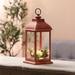 Red and Gold Rustic Christmas Holiday Berry and Pine Cone LED Lantern - 12" H x 5.3" W x 5.3" D