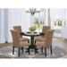 East West Furniture 5 Piece Kitchen Table Set- a Round Dining Table and 4 Light Sable Linen Fabric Parsons Chairs, Black