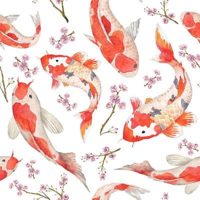 Hand Drawn fishes and Blossom cherry Removable Wallpaper - 24'' inch x 10'ft