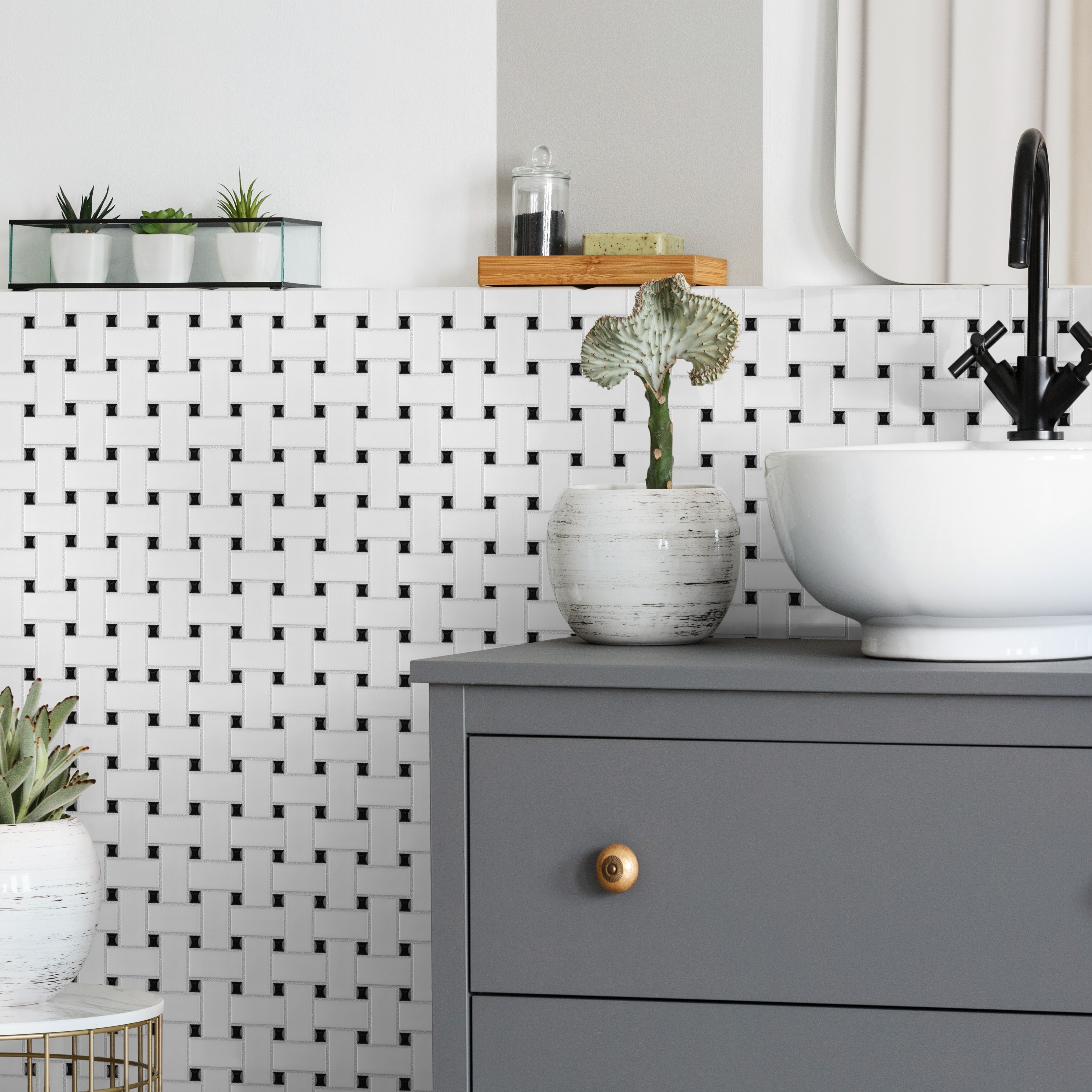 SomerTile Metro Basketweave Matte White with Black Dot 11.75" x 11.75" Porcelain Mosaic Tile