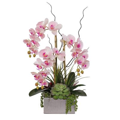 Real Touch Pink Orchid and Succulent Arrangement in Square Silver Pot - 17W x 11D x 19.75H