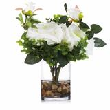 Enova Home 2 Large Artificial Silk Roses Fake Flowers and Mixed Greenery in Clear Glass Vase with River Rock for Home Decoration