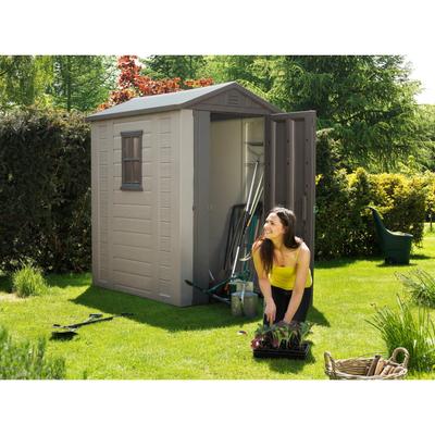 Keter Factor 4x6 ft. Resin Outdoor Storage Shed With Floor for Patio Furniture and Tools, Brown