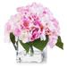 Enova Home Artificial Silk Hydrangea Fake Flowers Arrangement in Cube Glass Vase with Faux Water for Home Office Decoration