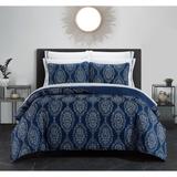 Chic Home Verbena Quilt Set Striped Stitched Medallion Print Bed In A Bag, Navy Blue