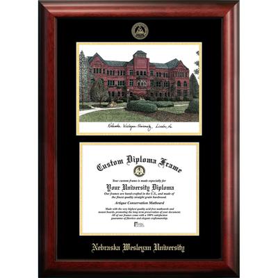 Nebraska Wesleyan University 11w x 8.5h Gold Embossed Diploma Frame with Campus Images Lithograph