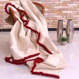 Hand-woven Wool Pom Pom Blanket Off-White with Chili Red