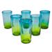 NOVICA Artisan Handblown Glass Highball Blue Green Mexican Water Tableware 'Aurora Tapatia'(Set Of 6) - 6*3.5