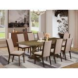 East West Furniture 9 Piece Dining Room Furniture Set- a Rectangle Wooden Table and 8 Linen Fabric Chairs, (Finish Options)