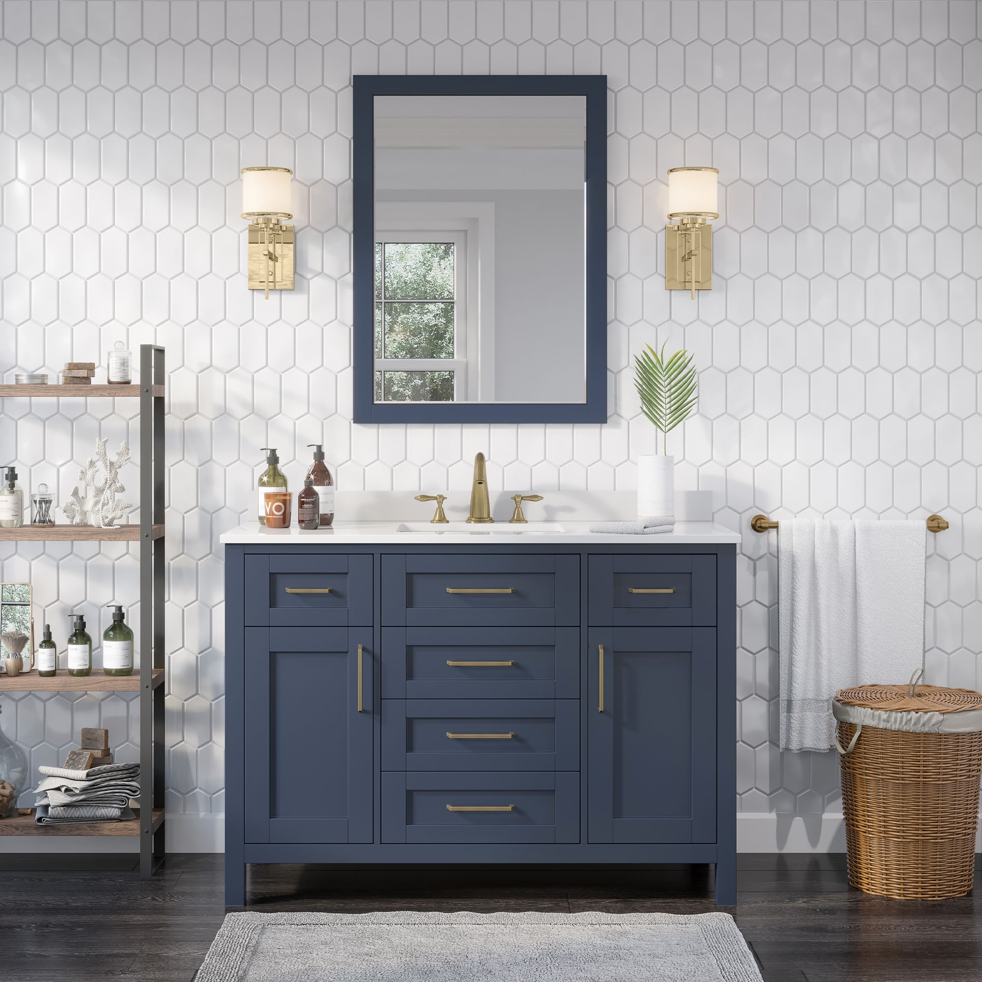 OVE Decors Tahoe 48 in. Midnight Blue Single Sink Vanity with White Cultured Marble Top and Mirror