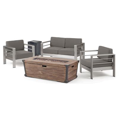 Cape Coral Outdoor 3 Piece Aluminum Chat Set with Fire Pit by Christopher Knight Home