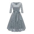 Bright Deer Women Vintage Floral Lace 3/4 Sleeve A Line Dress Ribbon Tie Belt Tea Knee Length Party Cocktail Evening Occasion Outfit Day Wear 10 S Grey