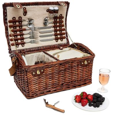 Large Wicker Picnic Basket for 4 Person Insulated Cooler Bag Supplies