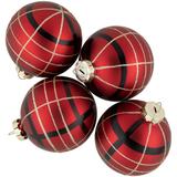 4ct Red, Black and Gold Plaid Glass Ball Christmas Ornaments 3.25"