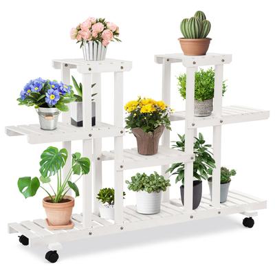 4-Tier Rolling Flower Rack Wood Plant Stand Casters 12 Pots Bonsai
