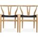 Farmhouse Dining Chairs Organic Round Arms Y-back Wood with Woven Black Seats For Kitchen Hotel Restaurants (Set of 2)