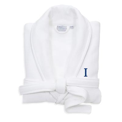 Authentic Hotel and Spa White Unisex Turkish Cotton Waffle Weave Terry Bath Robe with Navy Block Monogram