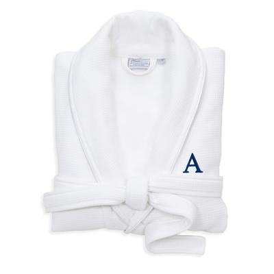 Authentic Hotel and Spa White Unisex Turkish Cotton Waffle Weave Terry Bath Robe with Navy Block Monogram