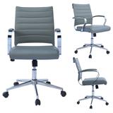 Gray Office Chairs Mid Back Ribbed PU Leather Black Executive Task Work Conference With Arms Wheels Tilt Swivel Rolling