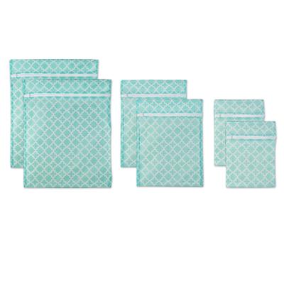 Set of 6 Aqua Blue and White Moroccan Trellis Mesh Laundry Bags 19.75"