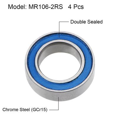 MR106-2RS Ball Bearings Z2 6x10x3mm Double Sealed Chrome Steel Seal 4pcs - Blue