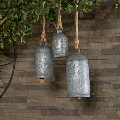 Gold, Gray, Bronze, Black or Red Metal Tibetan Inspired Decorative Cow Bells with Jute Hanging Rope (Set of 3)
