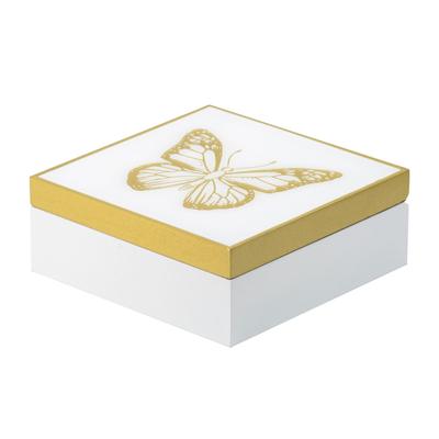 6.5" White and Gold Contemporary Square Butterfly Box with Band Accent